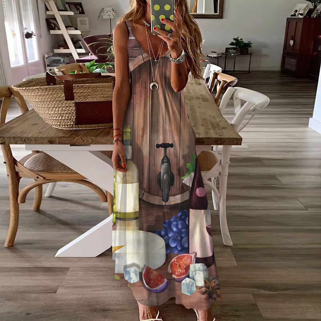 Wine Fruit And Cheese Sleeveless Maxi Dress | Women Summer Dress | Sundress